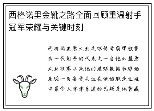 西格诺里金靴之路全面回顾重温射手冠军荣耀与关键时刻