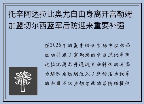 托辛阿达拉比奥尤自由身离开富勒姆加盟切尔西蓝军后防迎来重要补强 托辛阿达拉比奥尤自由身离开富勒姆加盟切尔西蓝军后防迎来重要补强