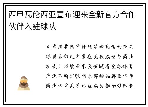 西甲瓦伦西亚宣布迎来全新官方合作伙伴入驻球队